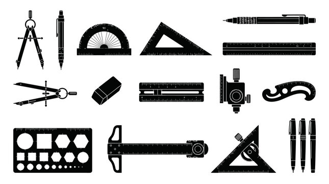Black  White Flat Icons of Drafting and Drawing Tools for Architecture and Design