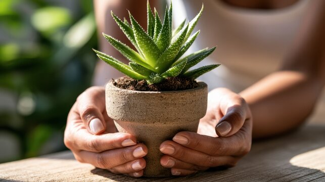 Stone Aroma Oil Diffuser with White Steam Rising Next to Potted Plant on Wooden Table by Window