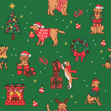 Cute Christmas Dogs Seamless Pattern with Festive Elements