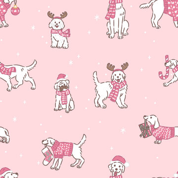 Minimalist Christmas Dogs Seamless Pattern in Pastel Background