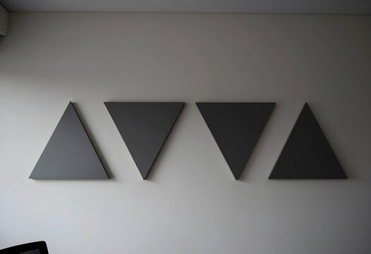 Interior design and minimalism, geometric wall art with triangle panels for modern office decor and contemporary architectural style in a bright room