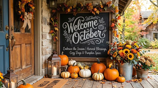 Cozy welcome october porch decor with pumpkins and autumn flower pots.