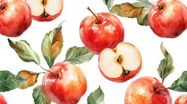java apple seamless pattern, watercolor illustration, white background