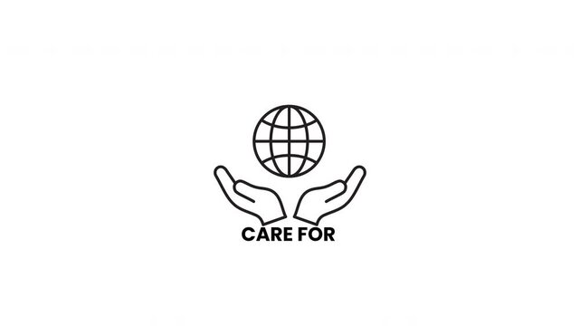 Black outlined earth globe icon with human hands and care label, perfect for environmentally conscious designs and global awareness campaigns.