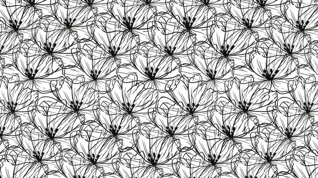 Seamless Black and White Floral Line Art Pattern Monochrome Daisy Flowers Background Loop.
