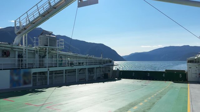 Rear empty part of car deck of moving car ferry