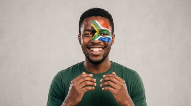 Smiling man with south african flag face paint celebrating culture