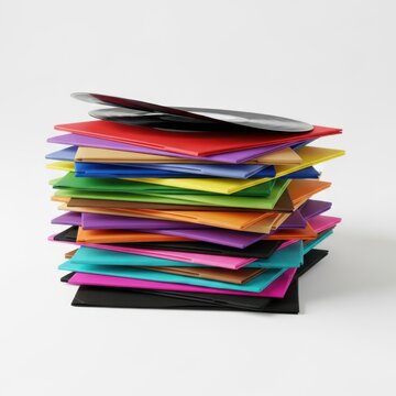 A tall stack of colorful paper sheets piled up in a messy artistic heap