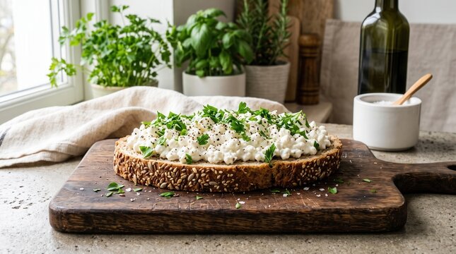 Tasty freshly baked bread garnished with rich cheese and aromatic herbs