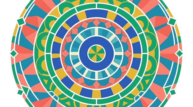 Colorful geometric mandala pattern with symmetrical circular rings on white background