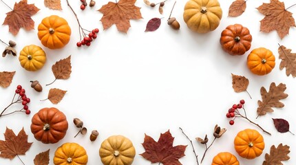 Fototapeta premium Autumn harvest frame featuring orange pumpkins and dried leaves on a white background