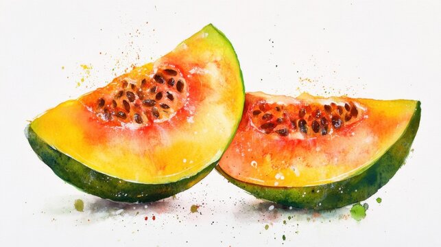 watercolor sapote fruit cut in half, white background