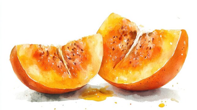 watercolor sapote fruit cut in half, white background