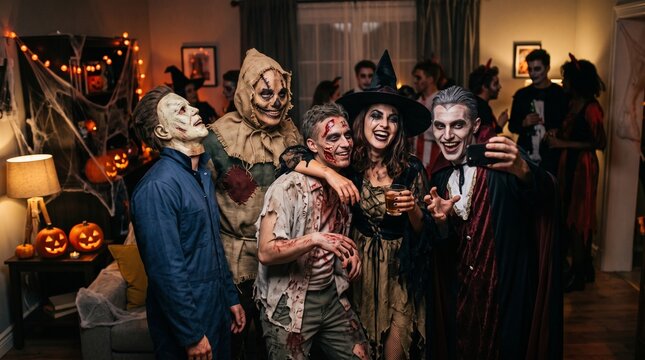 Group of Friends Dressed in Spooky Costumes Celebrating a Festive Halloween Costume Party at Home