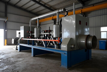 Fototapeta premium Industrial manufacturing and heavy machinery, large metal processing equipment in a factory warehouse for production and engineering operations