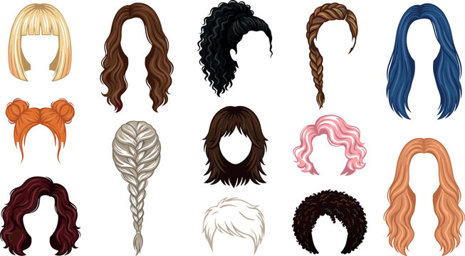 Colorful women hairstyles wigs and haircuts collection set isolated on white background flat vector illustration elements