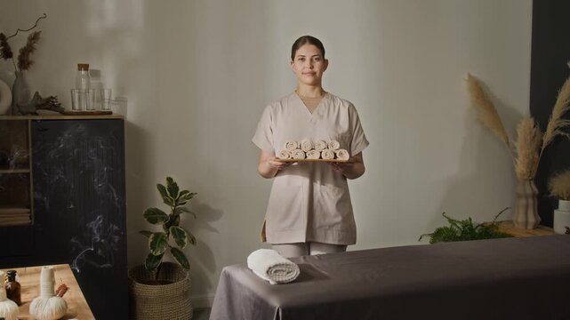 Portrait of young adult Caucasian female masseuse holding tray with rolled towels in wellness center. Clip suitable for massage therapy advertising and luxury hospitality campaigns