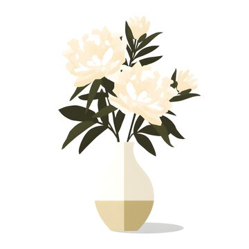 Artificial white peonies in ceramic vase flat vector line art illustration isolated on white background