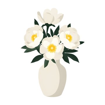 Artificial white peonies in ceramic vase flat vector line art illustration isolated on white background