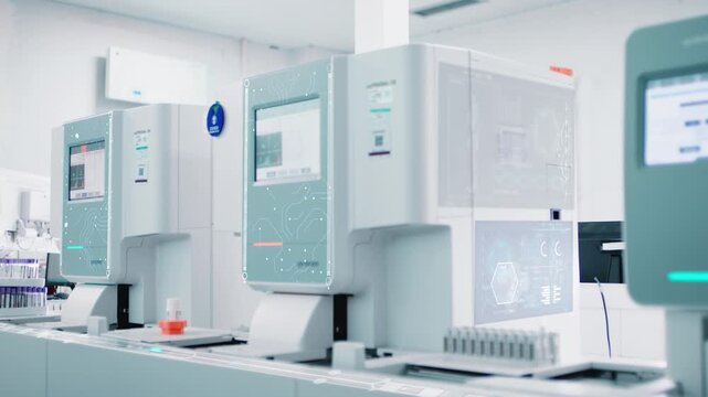 Medical microscope detection, Tech microbial observation, a researcher adjusts a glass slide under a microscope objective lenses, with a digital lab interface visible on a screen in the background.