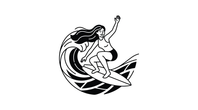 Active young woman surfing on ocean waves depicted in a minimalist black and white vector illustration