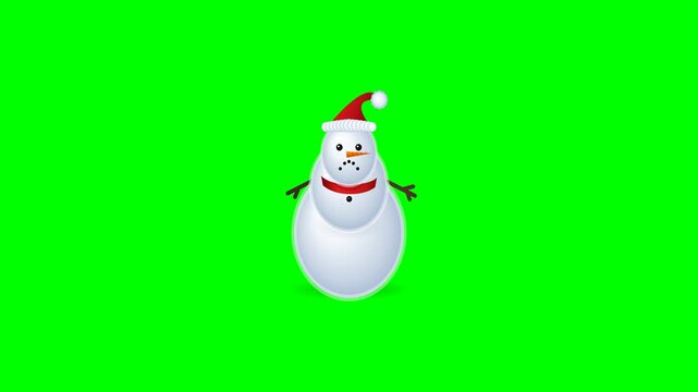 Premium 4K UHD green screen animation of a cute 3D Christmas snowman. Features a red Santa hat, festive scarf, playful pop-up entrance, cheerful hand wave, and seamless 10-second loop.