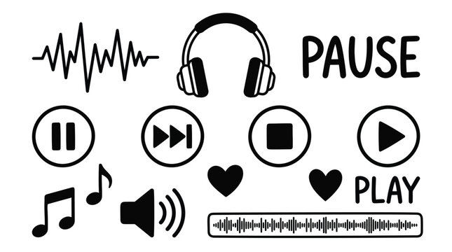 Minimalist vector graphic set showing musical icons including headphones audio waves play and pause control buttons