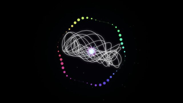 Abstract neon ring rotation with glowing colorful dots and swirling light trails on black background motion energy particle science physics quantum atom graphic resources animation visual effect