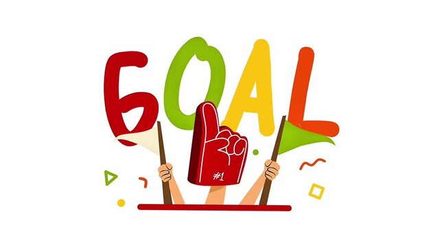 High-energy animation of 'GOAL' with cheering hands, flags, and a red foam finger. Features colorful, hand-drawn graphics and confetti celebrating a victory