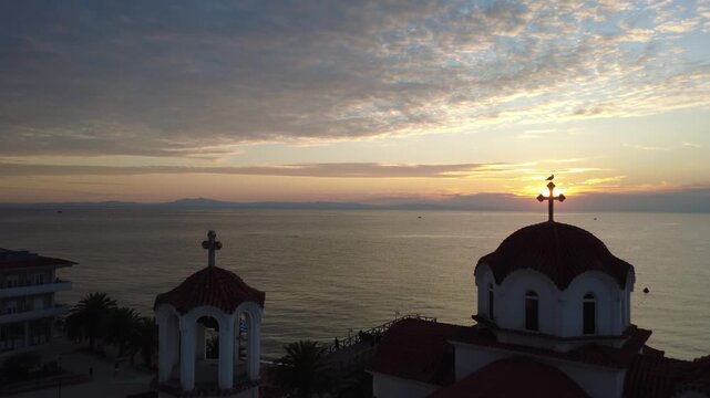 Aerial view of church in Paralia, Greece.