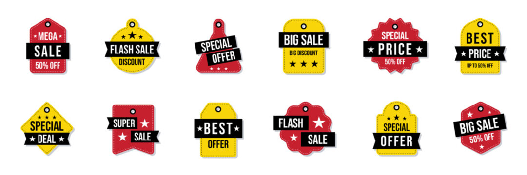 Set of promotional sale tags in red, yellow, and black colors isolated on white. This design perfect for marketing banners, online store promotions, and retail advertising designs.