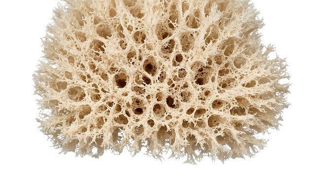Close-up abstract texture of a light-colored natural sea sponge against a white background