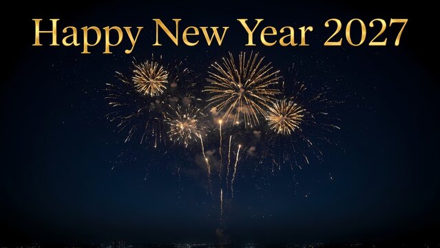 Happy New Year 2027 gold text celebration banner with bright sparkling fireworks in night sky. Festive holiday greeting card design. Elegant glowing typography. Dark blue background