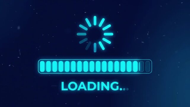 Abstract digital loading bar with glowing blue progress indicator and circular spinner icon
