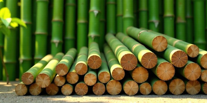A stack of freshly cut bamboo poles rests against a background of standing bamboo stalks