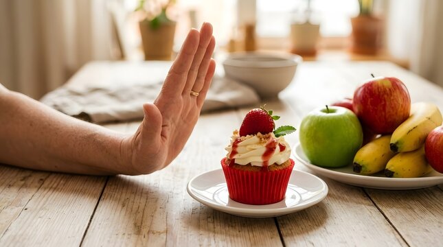 Woman hand gesturing stop to sweet cupcake and choosing healthy fruits like apples and bananas on a wooden table, concept of healthy diet, weight loss, and self control for better nutrition.