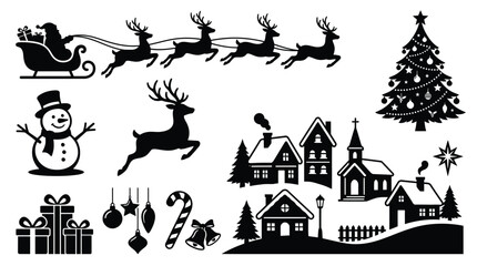 Fototapeta premium Festive winter scene featuring santa reindeer snowman and christmas village elements