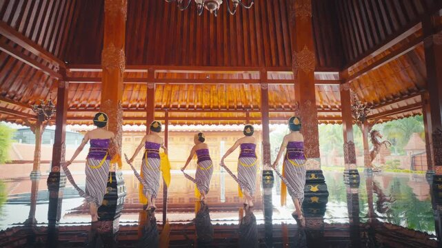 Rear View of Dancers Holding Sashes Facing Traditional Wooden Interior