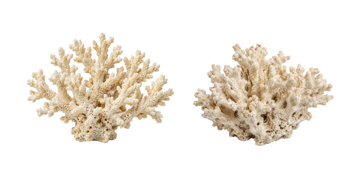 Two branching stony coral skeleton specimens isolated on a clean white background, showing porous calcium carbonate structures, intricate reef morphology, and natural marine textures.