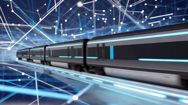 High-speed train traveling through a futuristic digital network with glowing blue light trails and abstract data streams