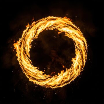 A circular ring of bright orange and yellow fire flames burning intensely against a solid black background, with smoke and, small flying sparks