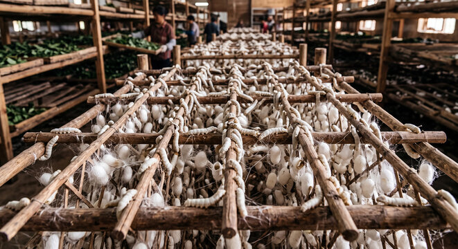 The interior of a traditional sericulture farm, where silkworms are raised to produce natural fibers. Silkworms building their cocoons