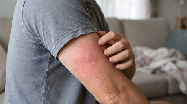 Close up of a man scratching a painful itchy red skin rash or allergic reaction on his upper arm, displaying symptoms of dermatitis, hives, or insect bite inflammation in an indoor home setting.