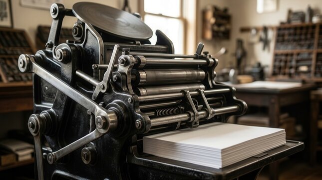 Close-up of a vintage letterpress printing machine with a stack of white paper in a traditional print shop.