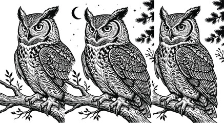 Obraz premium Detailed black and white woodcut style of three horned owls perched on a tree branch against a night sky with a crescent moon