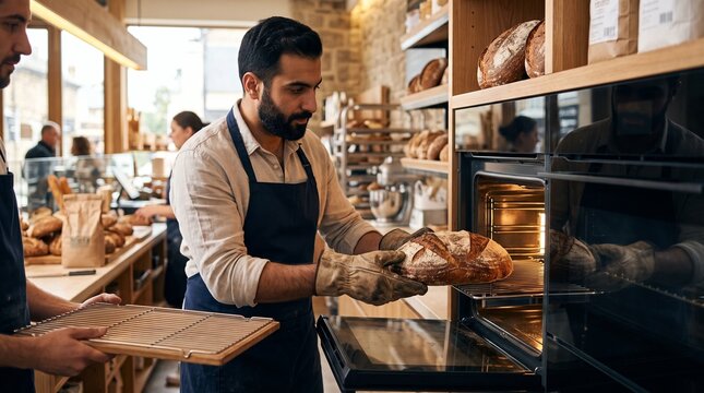 Baker places fresh bread into a hot oven in a bakery 1
