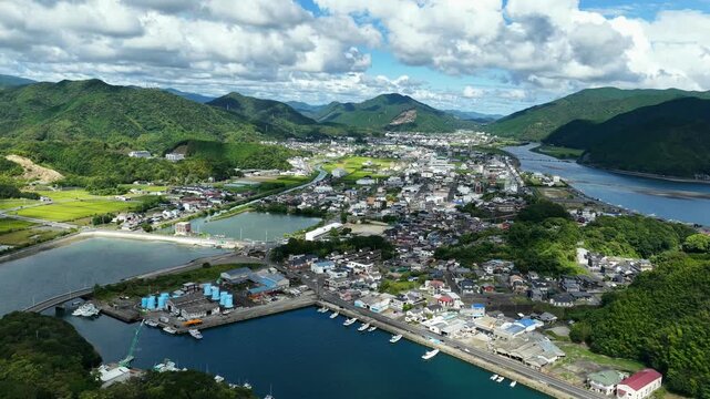 Aerial drone footage of Sukumo port and coastal town in Kochi, Japan