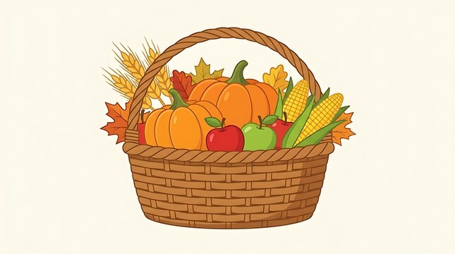 Woven basket filled with fresh orange pumpkins red apples golden corn stalks and autumn leaves