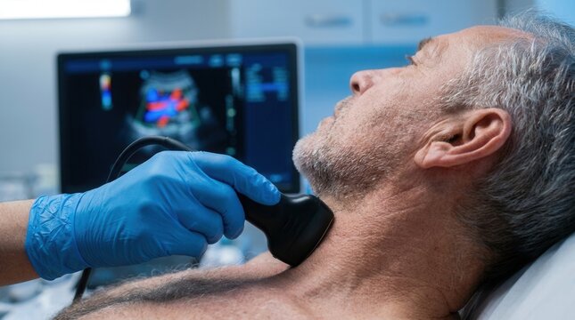 Doctor performing a carotid artery Doppler sonogram on a patient's neck.