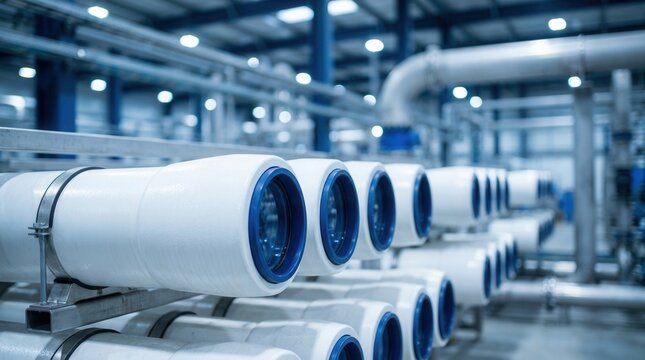 Desalination plant membrane filtration module processing seawater into drinking water.